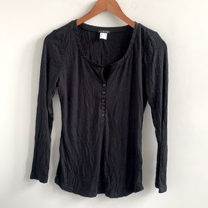 Venus Black Ribbed Long Sleeve Button Front Top